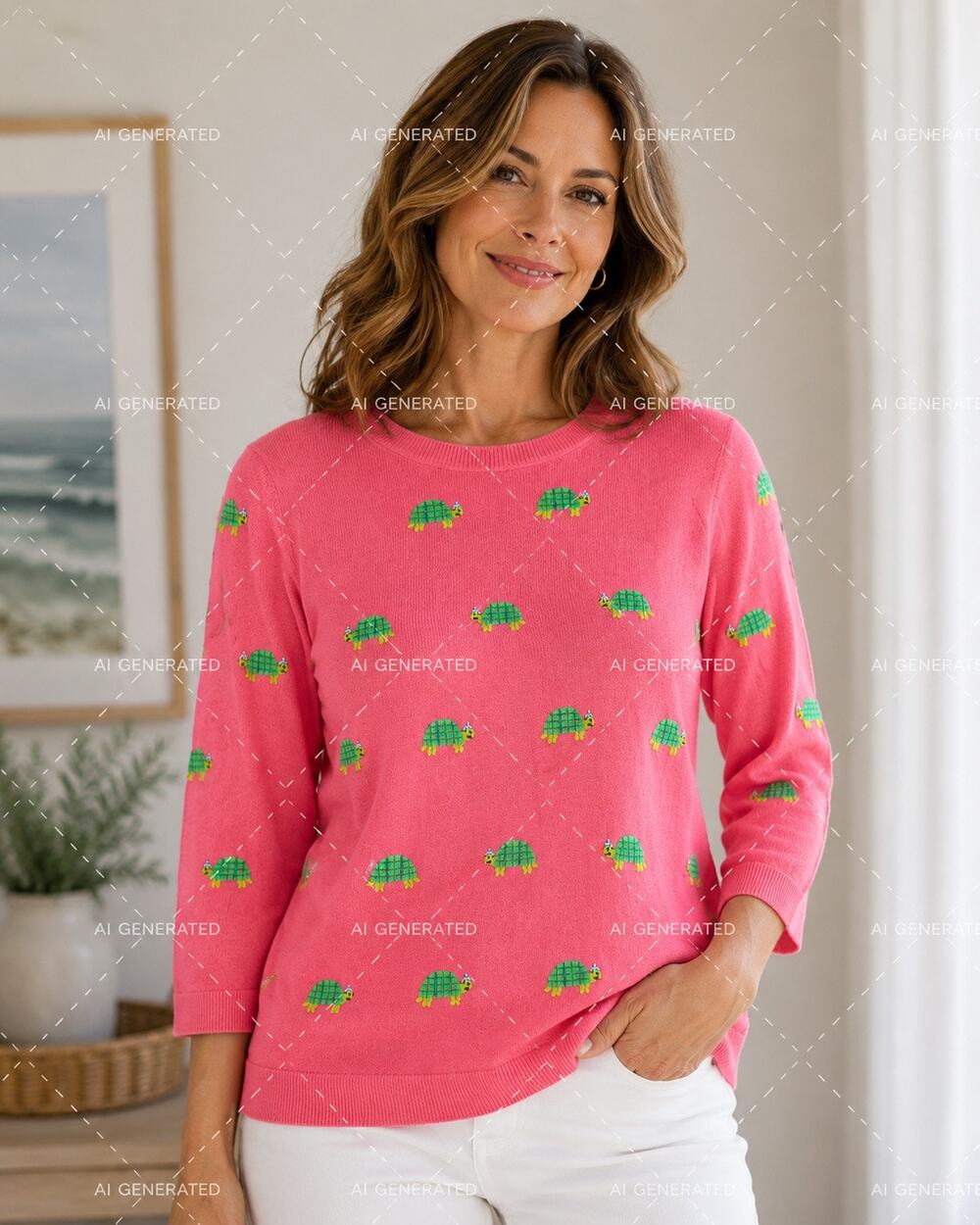 Talbots Women’s Medium Pink Turtle Embroidered Sweater Cotton Blend 3/4 Sleeve - Picture 1 of 5